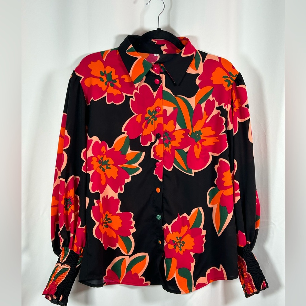Black, Pink, Green and Orange Women’s Blouse with cinch cuffs, Size Small